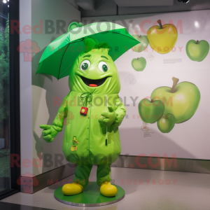 Lime Green Cherry mascot costume character dressed with a Raincoat and Brooches