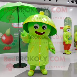 Lime Green Cherry mascot costume character dressed with a Raincoat and Brooches