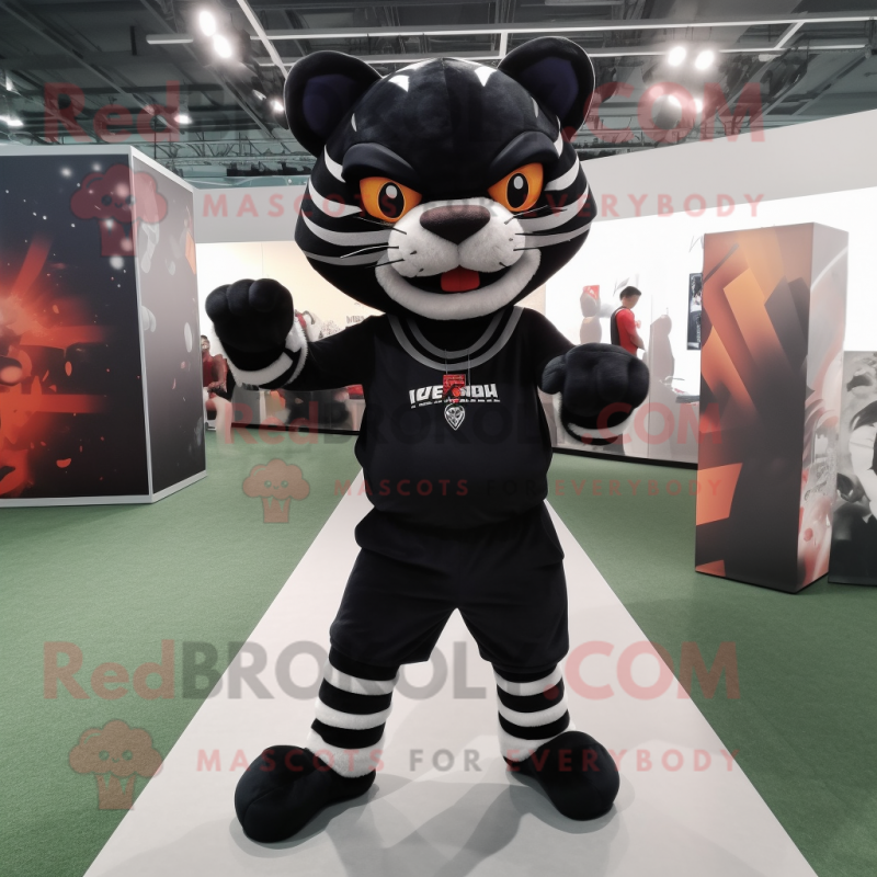 Black Tiger mascot costume character dressed with a Overalls and Shoe laces Black Tiger mascot costume character dressed with a Overalls and Shoe laces