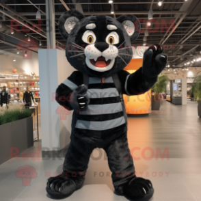 Black Tiger mascot costume character dressed with a Overalls and Shoe laces