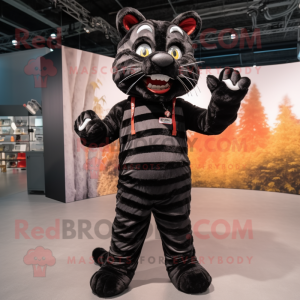 Black Tiger mascot costume character dressed with a Overalls and Shoe laces