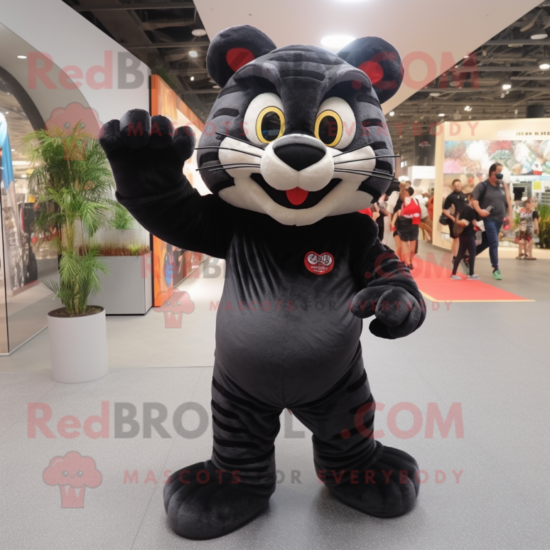 Black Tiger mascot costume character dressed with a Overalls and Shoe laces Black Tiger mascot costume character dressed with a Overalls and Shoe laces