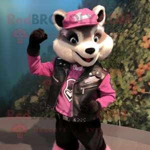 Pink Civet mascot costume character dressed with a Biker Jacket and Hats