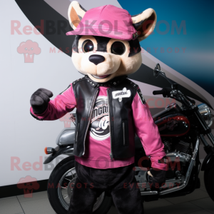 Pink Civet mascot costume character dressed with a Biker Jacket and Hats