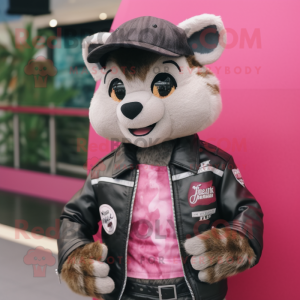 Pink Civet mascot costume character dressed with a Biker Jacket and Hats