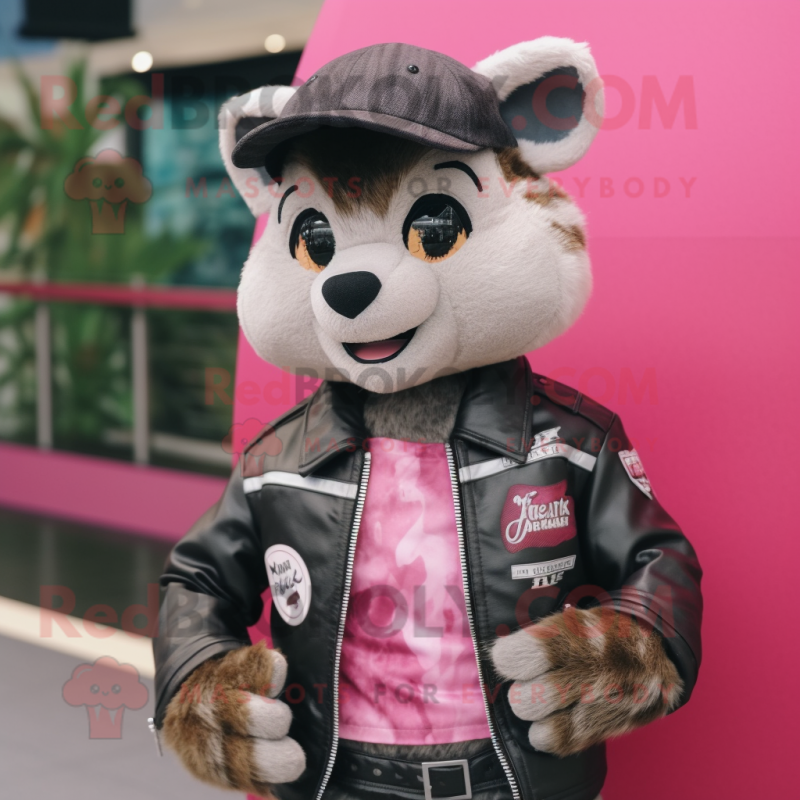 Pink Civet mascot costume character dressed with a Biker Jacket and Hats Pink Civet mascot costume character dressed with a Biker Jacket and Hats
