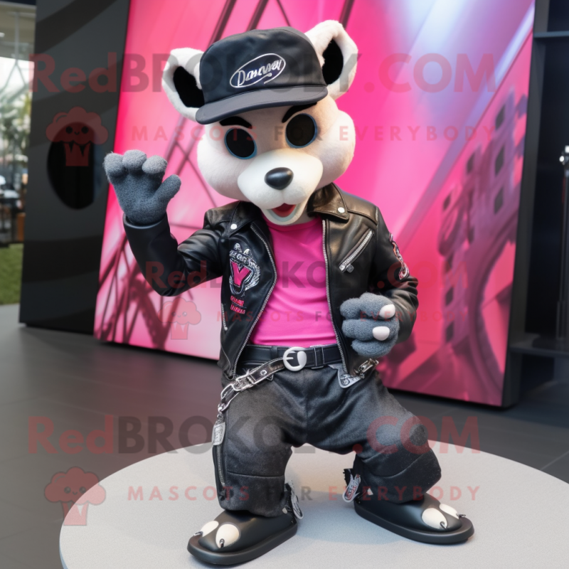 Pink Civet mascot costume character dressed with a Biker Jacket and Hats