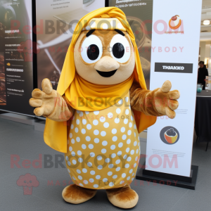 Gold Shakshuka mascot costume character dressed with a Poplin Shirt and Mittens