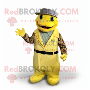 Lemon Yellow Anaconda mascot costume character dressed with a Waistcoat and Caps