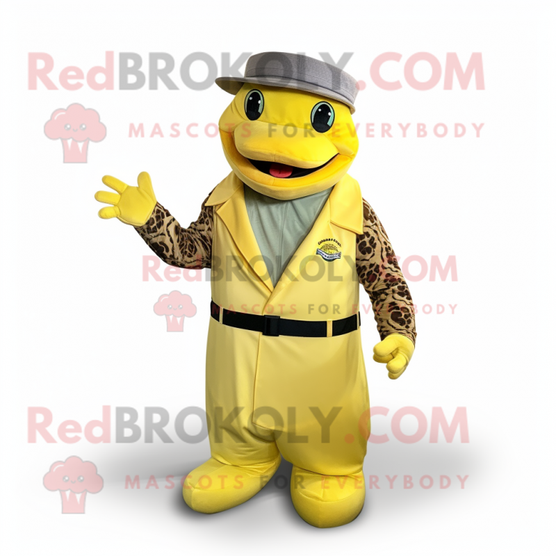 Lemon Yellow Anaconda mascot costume character dressed with a Waistcoat and Caps Lemon Yellow Anaconda mascot costume character dressed with a Waistcoat and Caps
