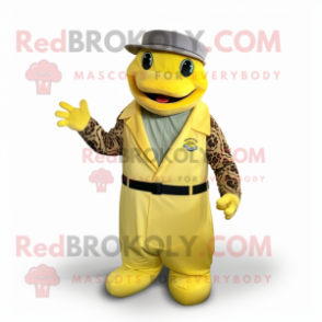 Lemon Yellow Anaconda mascot costume character dressed with a Waistcoat and Caps