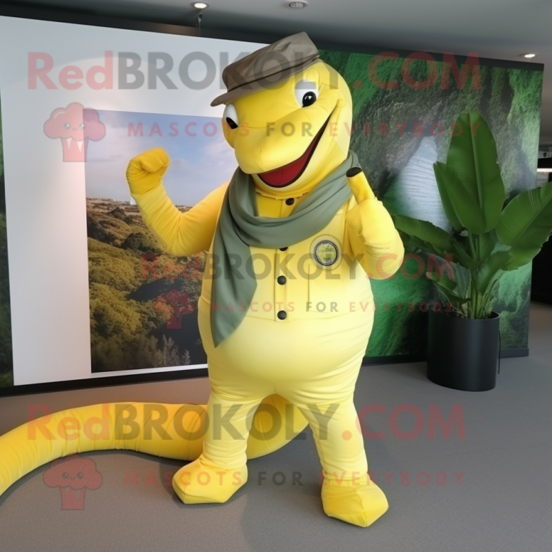 Lemon Yellow Anaconda mascot costume character dressed with a Waistcoat and Caps