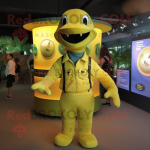 Lemon Yellow Anaconda mascot costume character dressed with a Waistcoat and Caps