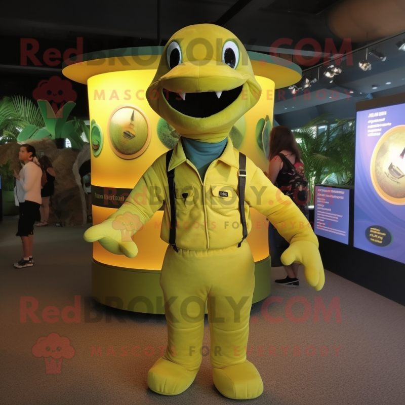 Lemon Yellow Anaconda mascot costume character dressed with a Waistcoat and Caps Lemon Yellow Anaconda mascot costume character dressed with a Waistcoat and Caps