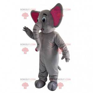 Mascota elefante gris y rosa con una gran trompa -