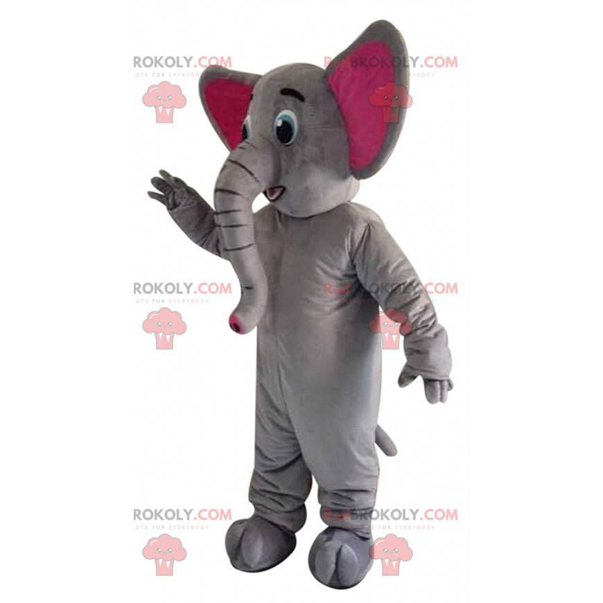 Mascotte elefante grigio e rosa con un grande tronco -