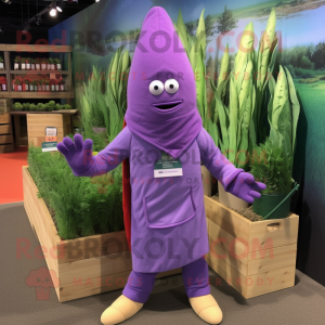 Purple Asparagus mascot costume character dressed with a Hoodie and Ties