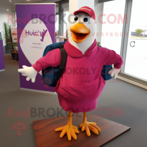 Magenta Seagull mascot costume character dressed with a Henley Tee and Messenger bags
