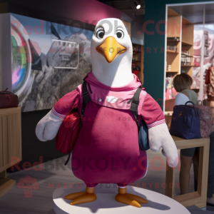 Magenta Seagull mascot costume character dressed with a Henley Tee and Messenger bags