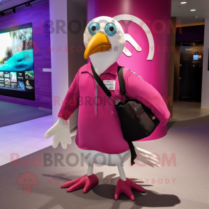 Magenta Seagull mascot costume character dressed with a Henley Tee and Messenger bags