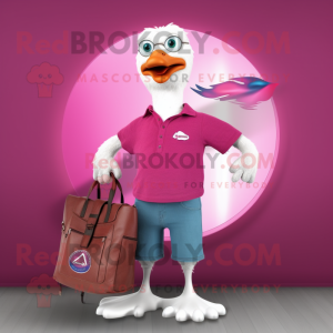 Magenta Seagull mascot costume character dressed with a Henley Tee and Messenger bags