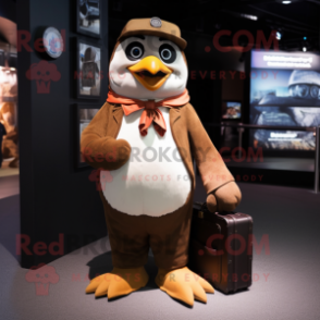 Brown Penguin mascot costume character dressed with a Suit Pants and Backpacks