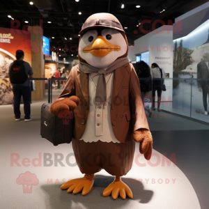 Brown Penguin mascot costume character dressed with a Suit Pants and Backpacks