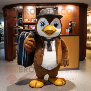 Brown Penguin mascot costume character dressed with a Suit Pants and Backpacks