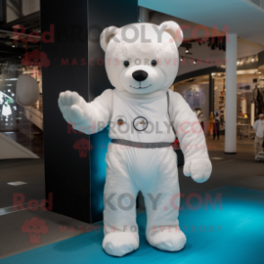 White Teddy Bear mascot costume character dressed with a Jumpsuit and Scarves