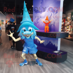 Cyan Witch'S Hat mascot costume character dressed with a Running Shorts and Watches