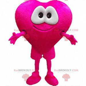 Mascote gigante de coração rosa com olhos muito tocantes -