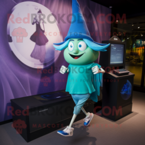 Cyan Witch'S Hat mascot costume character dressed with a Running Shorts and Watches