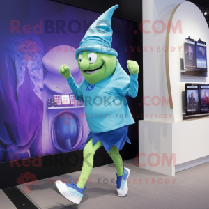 Cyan Witch'S Hat mascot costume character dressed with a Running Shorts and Watches