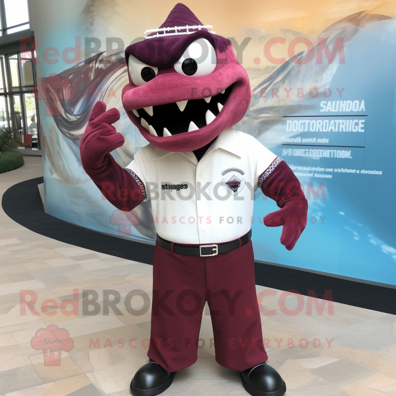 Maroon Barracuda mascot costume character dressed with a Dress Shirt and Cufflinks Maroon Barracuda mascot costume character dressed with a Dress Shirt and Cufflinks