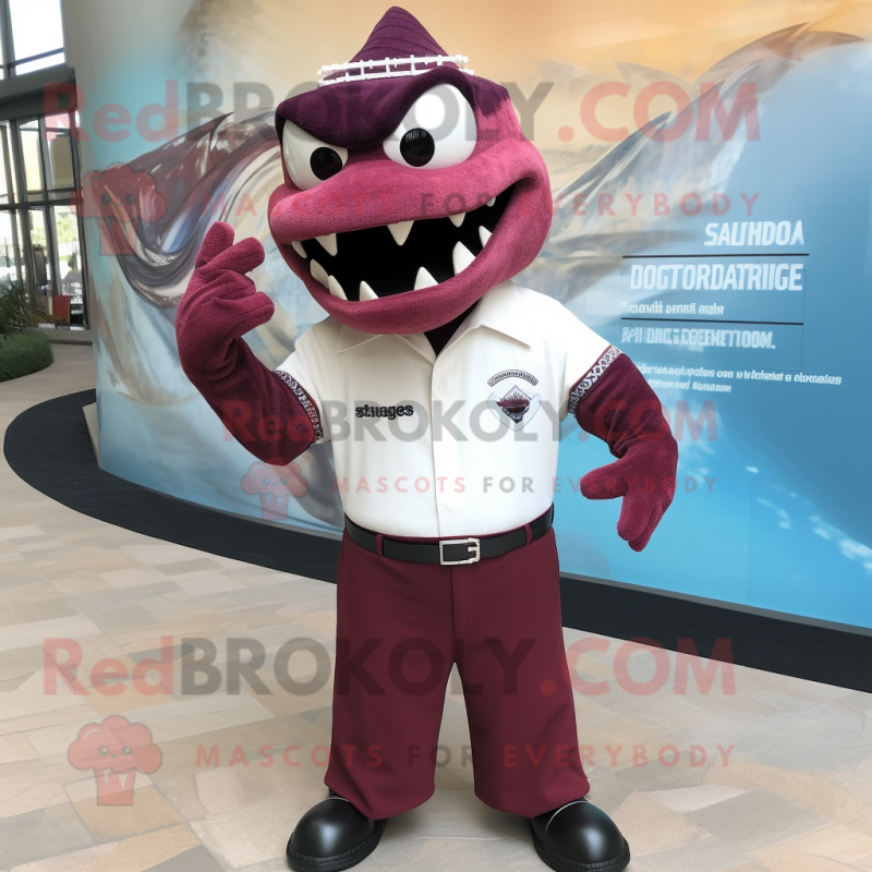 Maroon Barracuda mascot costume character dressed with a Dress Shirt and Cufflinks