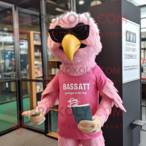 Pink Haast'S Eagle mascot costume character dressed with a Graphic Tee and Reading glasses