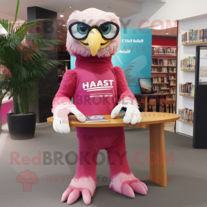 Pink Haast'S Eagle mascot costume character dressed with a Graphic Tee and Reading glasses