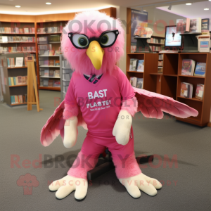 Pink Haast'S Eagle mascot costume character dressed with a Graphic Tee and Reading glasses