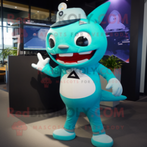 Turquoise Shark mascot costume character dressed with a Romper and Watches