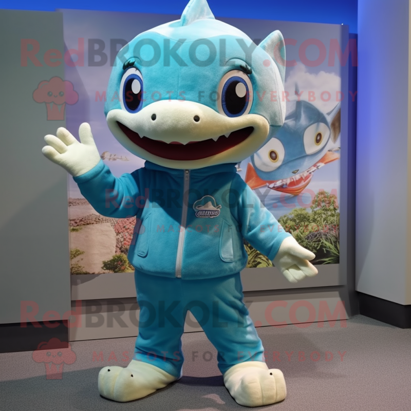 Turquoise Shark mascot costume character dressed with a Romper and Watches Turquoise Shark mascot costume character dressed with a Romper and Watches