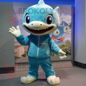 Turquoise Shark mascot costume character dressed with a Romper and Watches