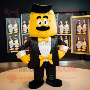 Black Bottle Of Mustard mascot costume character dressed with a T-Shirt and Bow ties