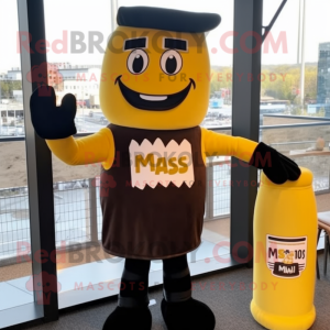 Black Bottle Of Mustard mascot costume character dressed with a T-Shirt and Bow ties