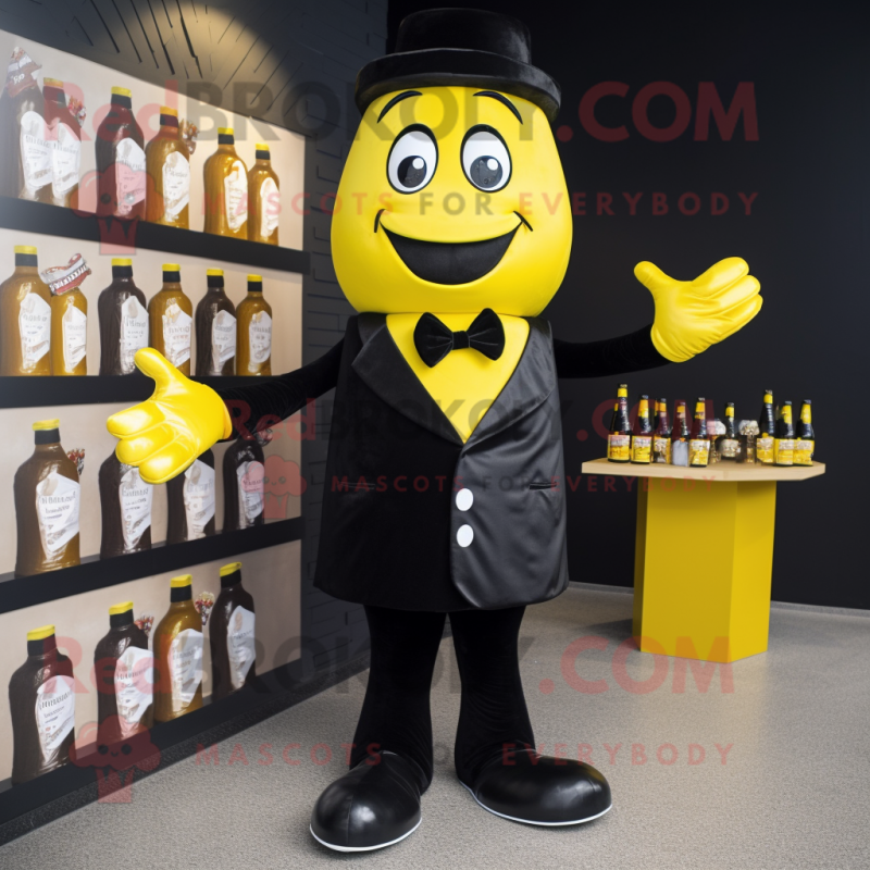 Black Bottle Of Mustard mascot costume character dressed with a T-Shirt and Bow ties
