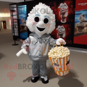 Silver Pop Corn mascot costume character dressed with a Button-Up Shirt and Tote bags