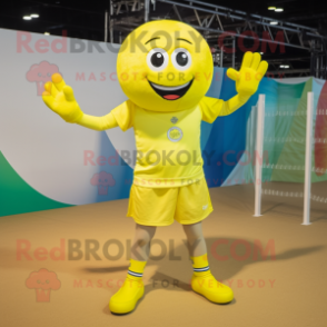 Lemon Yellow Volleyball Ball mascot costume character dressed with a Playsuit and Gloves