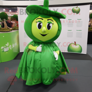 Forest Green Apple mascot costume character dressed with a Wrap Skirt and Ties