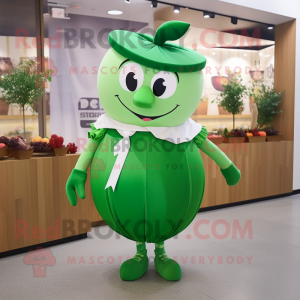 Forest Green Apple mascot costume character dressed with a Wrap Skirt and Ties