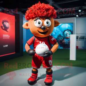 Red Rugby Ball mascot costume character dressed with a Playsuit and Hairpins