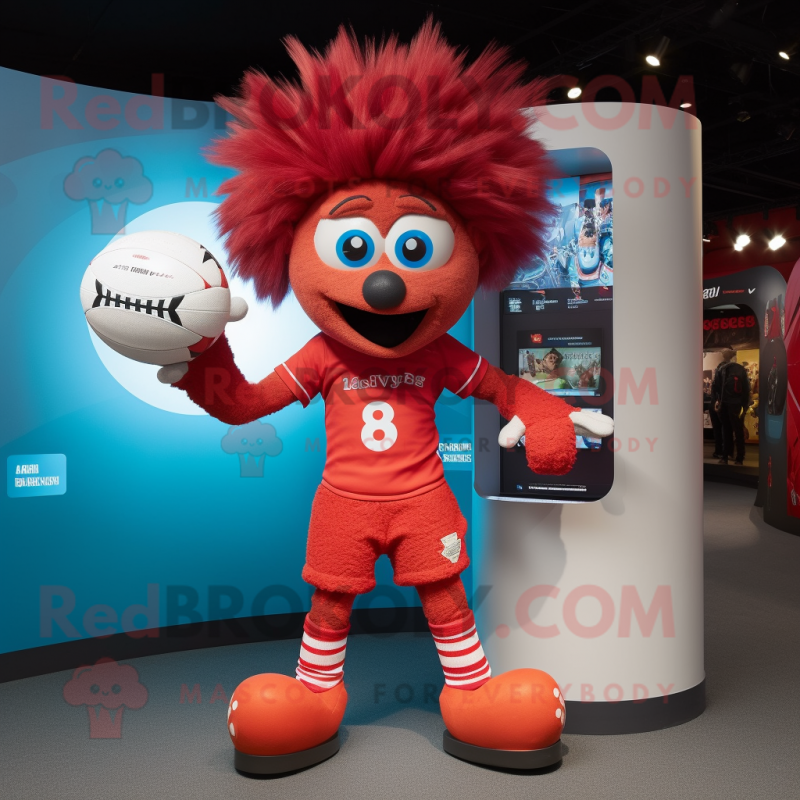 Red Rugby Ball mascot costume character dressed with a Playsuit and Hairpins